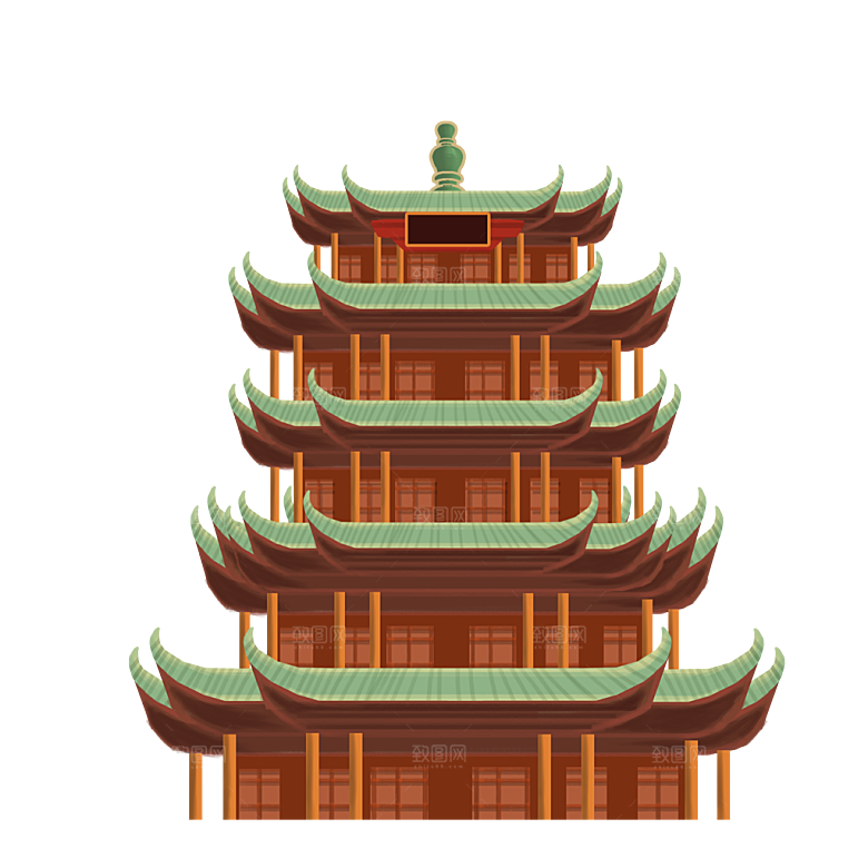 国潮风古建筑古楼古塔鼓楼复古中国风插画