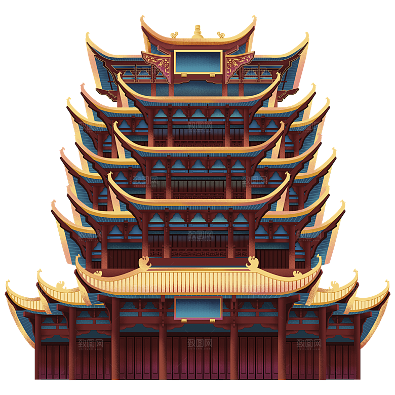 国潮风古建筑古楼古塔鼓楼复古中国风插画
