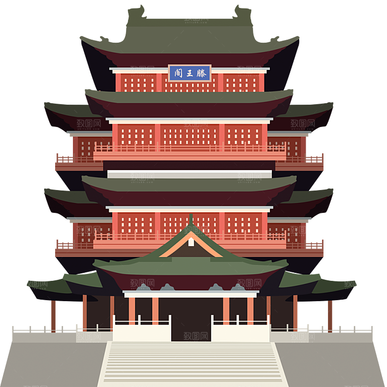 国潮风古建筑古楼古塔鼓楼复古中国风插画