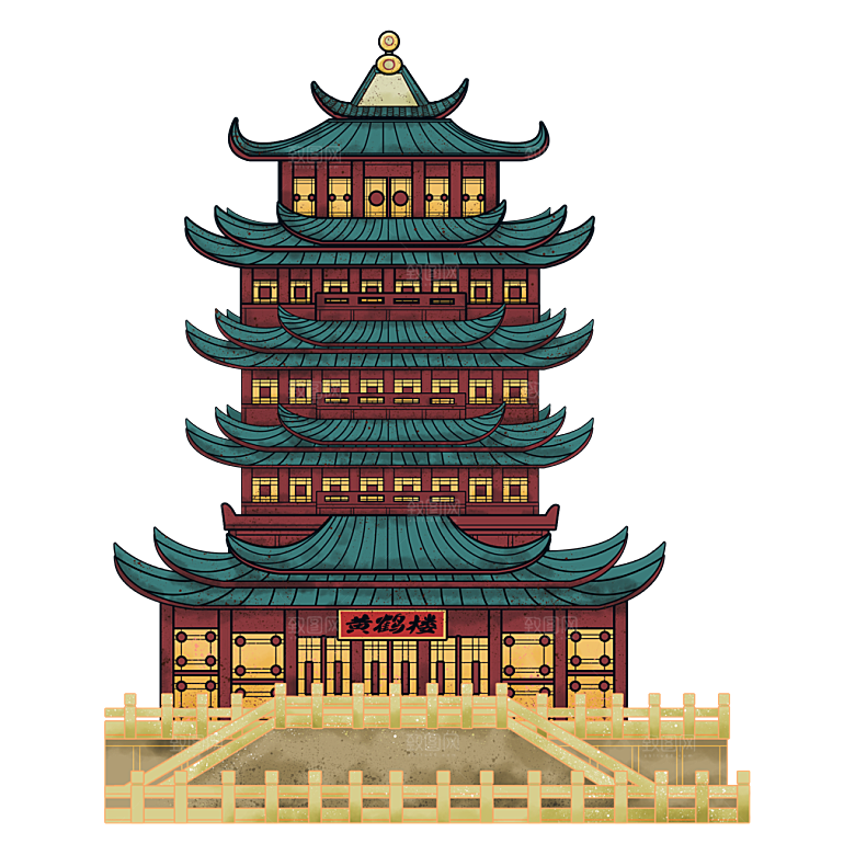 国潮风古建筑古楼古塔鼓楼复古中国风插画