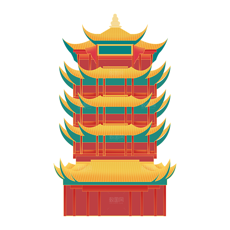 国潮风古建筑古楼古塔鼓楼复古中国风插画