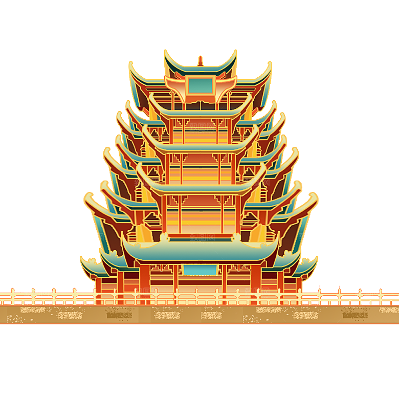 国潮风古建筑古楼古塔鼓楼复古中国风插画