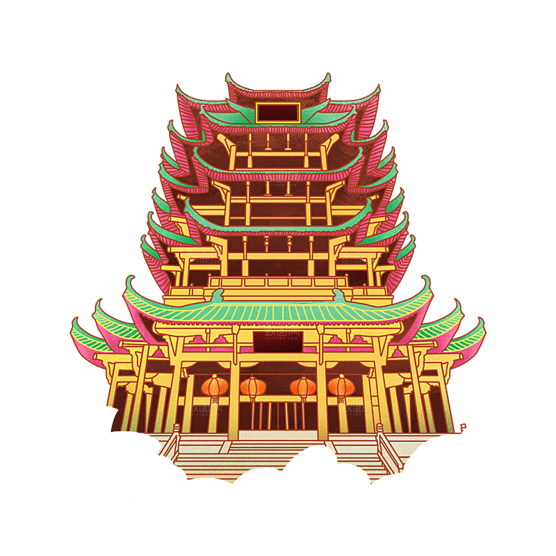 国潮风古建筑古楼古塔鼓楼复古中国风插画