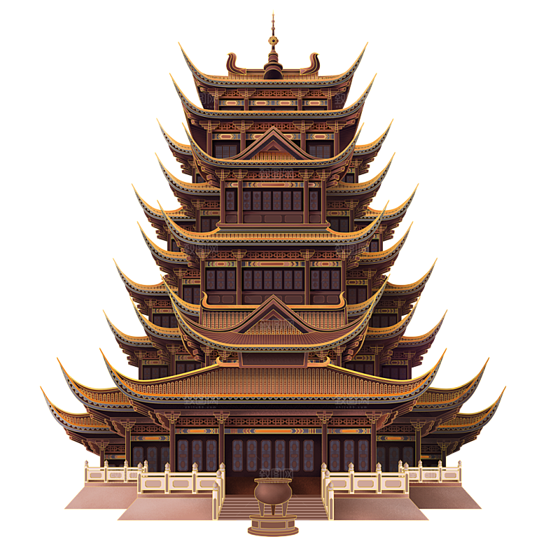 国潮风古建筑古楼古塔鼓楼复古中国风插画