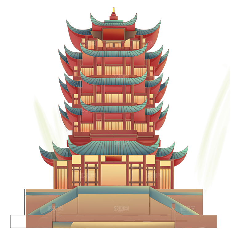 国潮风古建筑古楼古塔鼓楼复古中国风插画