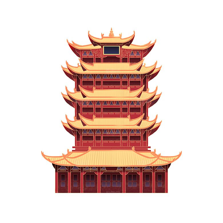 国潮风古建筑古楼古塔鼓楼复古中国风插画