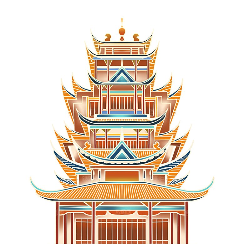 国潮风古建筑古楼古塔鼓楼复古中国风插画