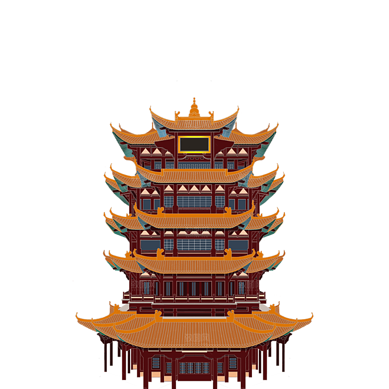 国潮风古建筑古楼古塔鼓楼复古中国风插画