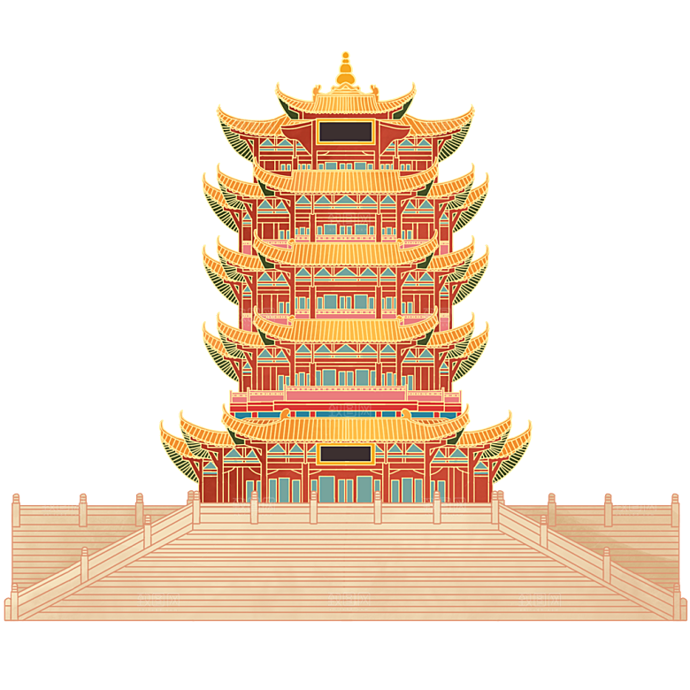 国潮风古建筑古楼古塔鼓楼复古中国风插画