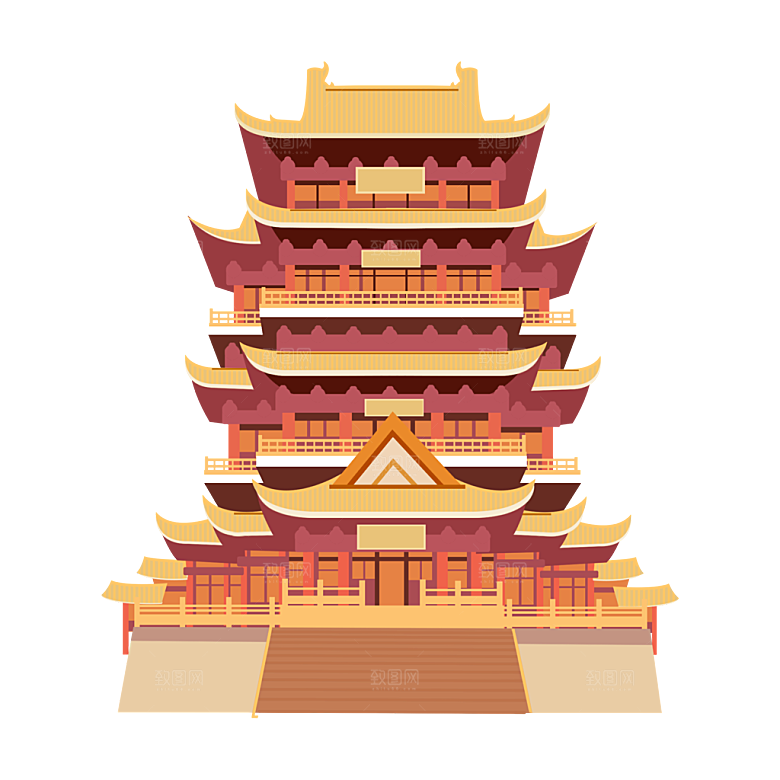 国潮风古建筑古楼古塔鼓楼复古中国风插画