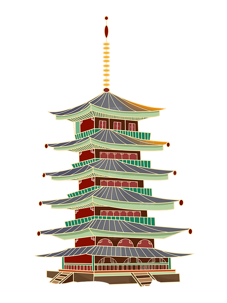 国潮风古建筑古楼古塔鼓楼复古中国风插画