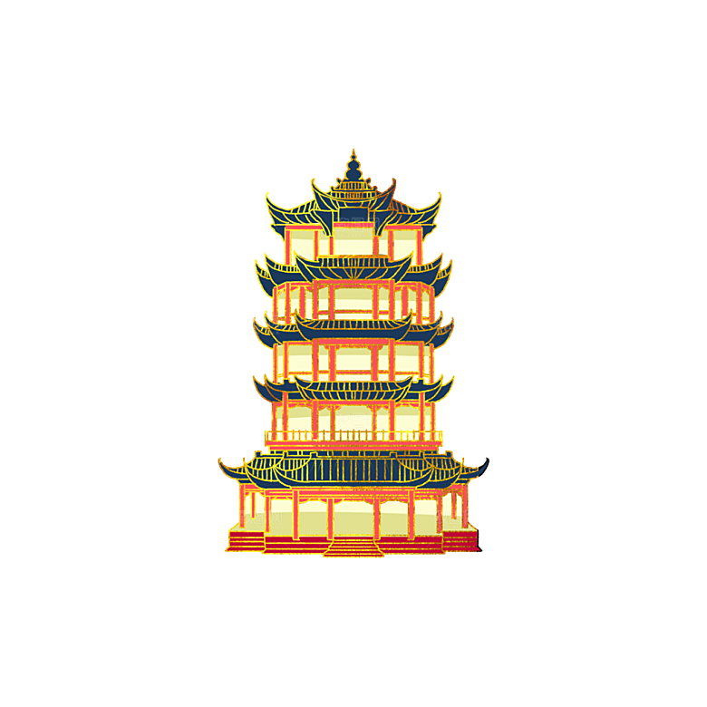 国潮风古建筑古楼古塔鼓楼复古中国风插画