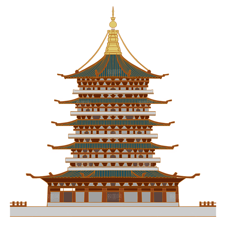 国潮风古建筑古楼古塔鼓楼复古中国风插画