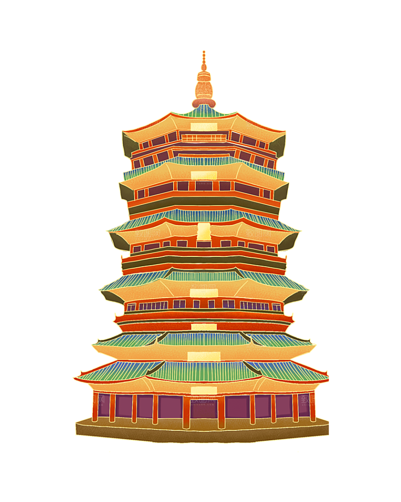 国潮风古建筑古楼古塔鼓楼复古中国风插画