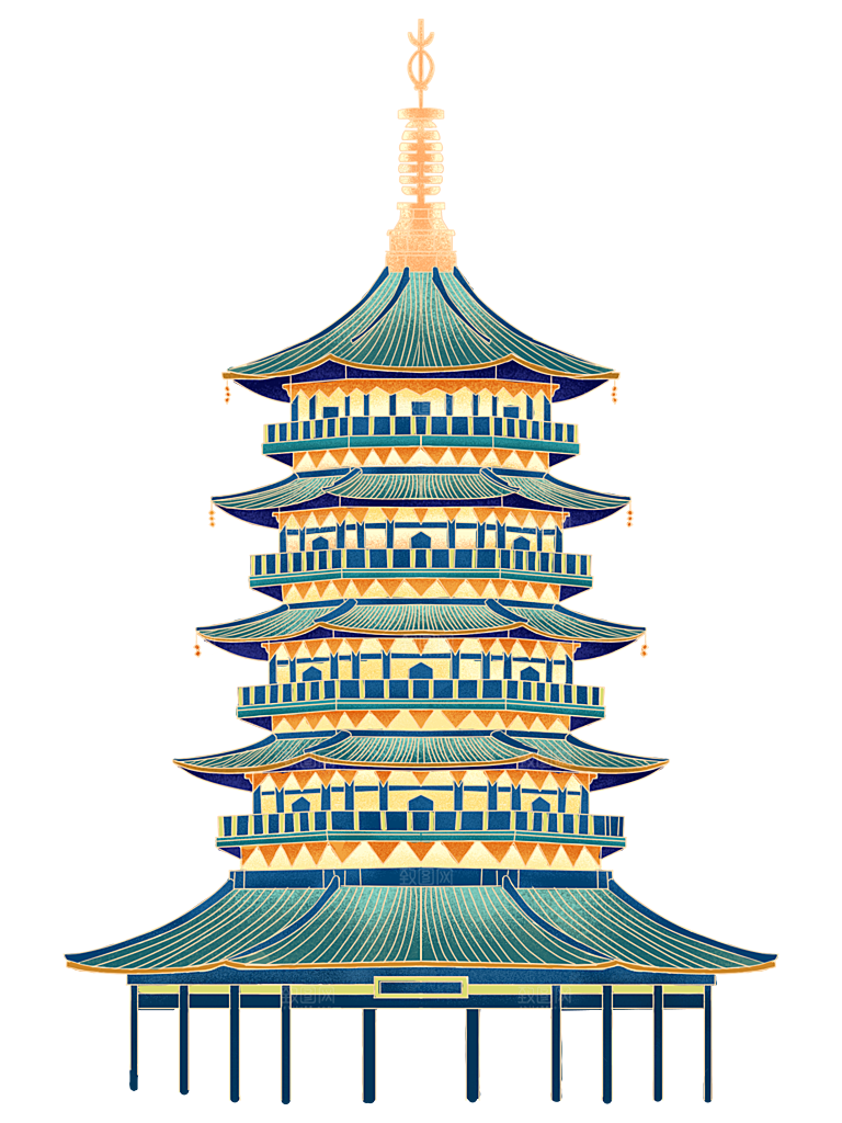 国潮风古建筑古楼古塔鼓楼复古中国风插画
