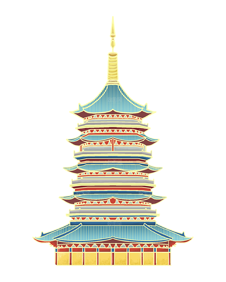 国潮风古建筑古楼古塔鼓楼复古中国风插画