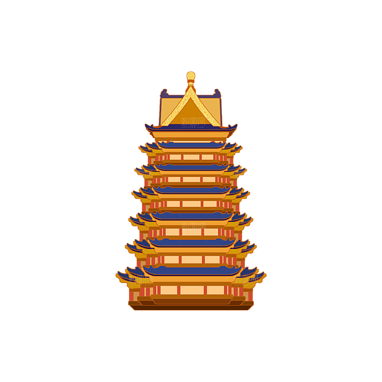 国潮风古建筑古楼古塔鼓楼复古中国风插画