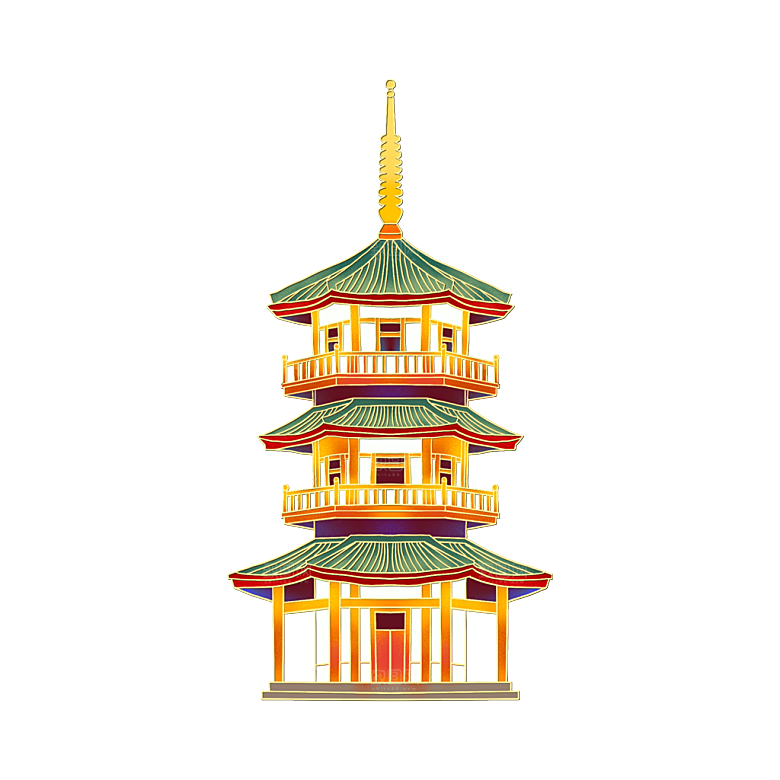 国潮风古建筑古楼古塔鼓楼复古中国风插画