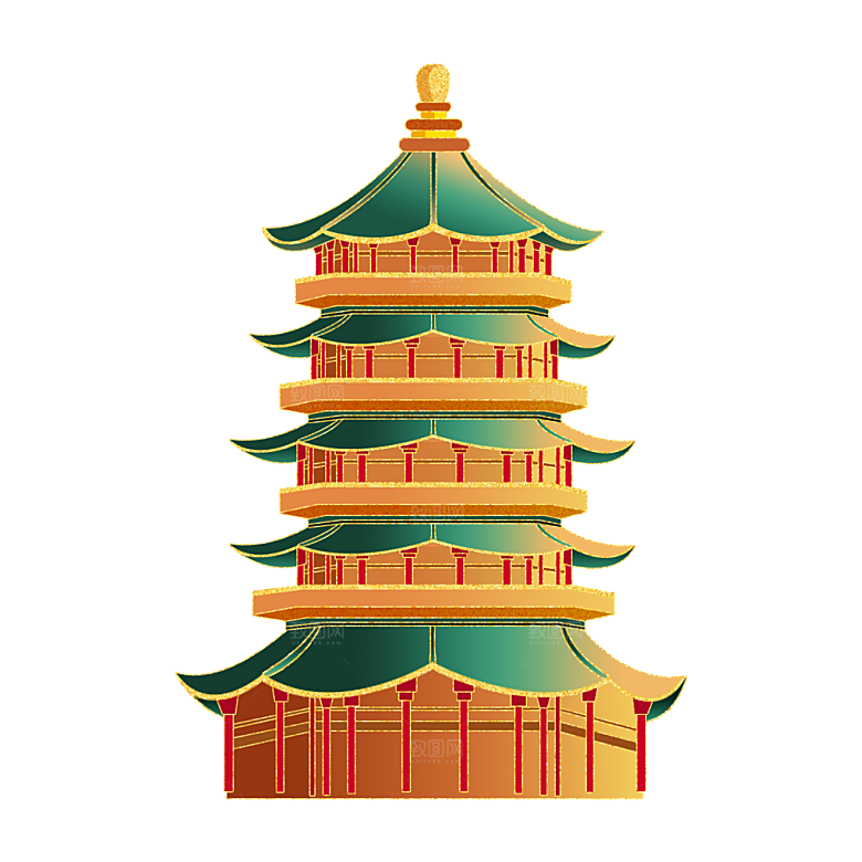国潮风古建筑古楼古塔鼓楼复古中国风插画