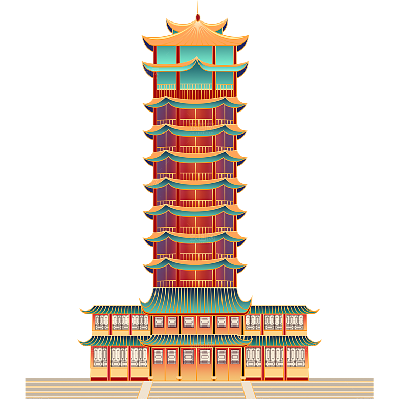 国潮风古建筑古楼古塔鼓楼复古中国风插画