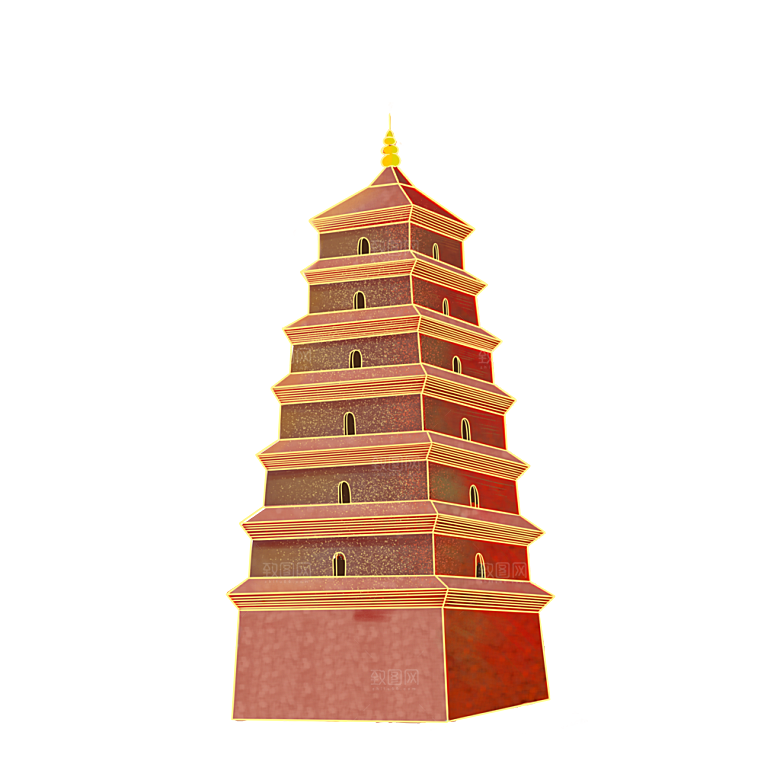 国潮风古建筑古楼古塔鼓楼复古中国风插画