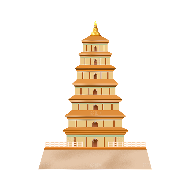 国潮风古建筑古楼古塔鼓楼复古中国风插画