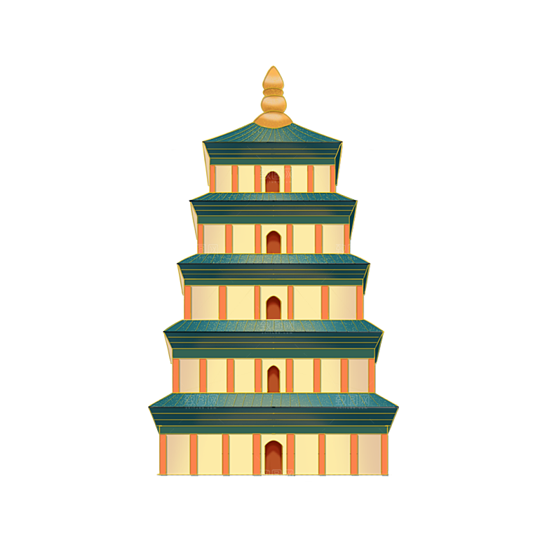 国潮风古建筑古楼古塔鼓楼复古中国风插画