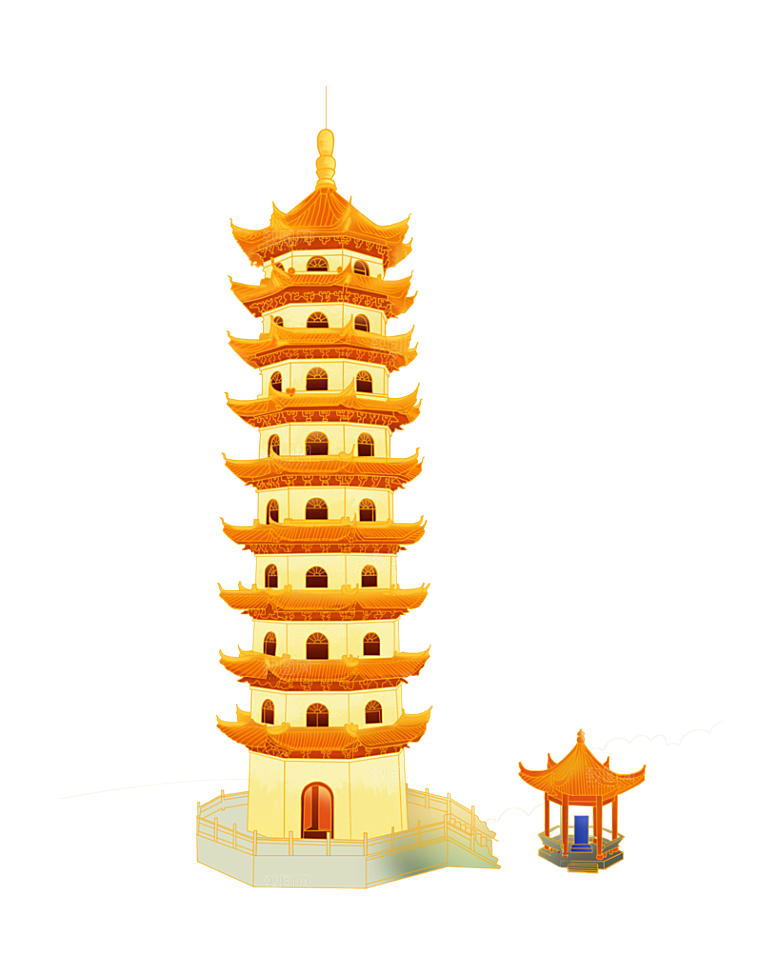 国潮风古建筑古楼古塔鼓楼复古中国风插画