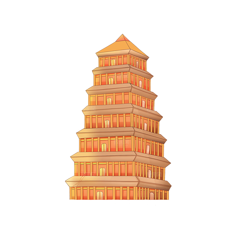 国潮风古建筑古楼古塔鼓楼复古中国风插画