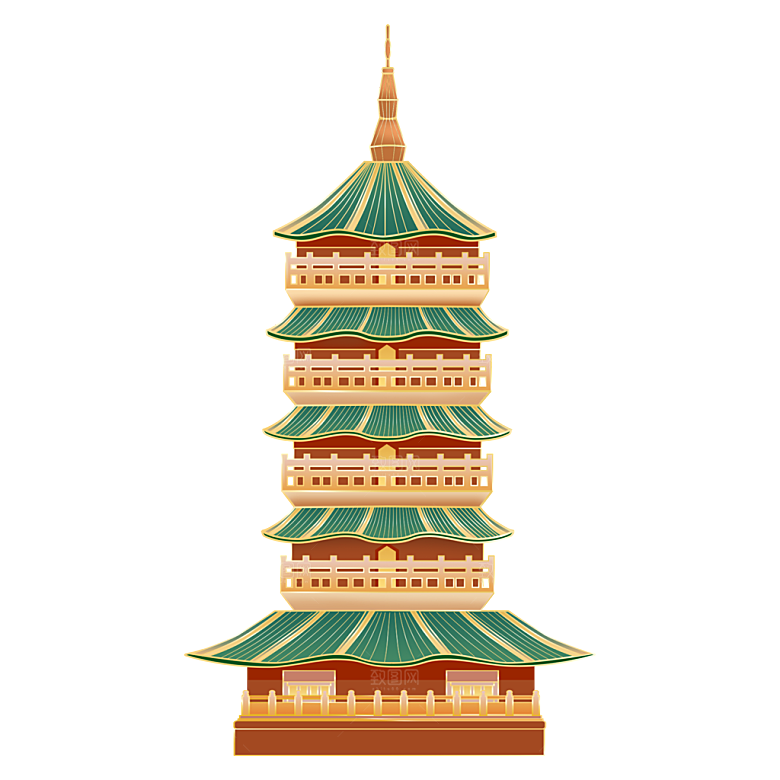 国潮风古建筑古楼古塔鼓楼复古中国风插画