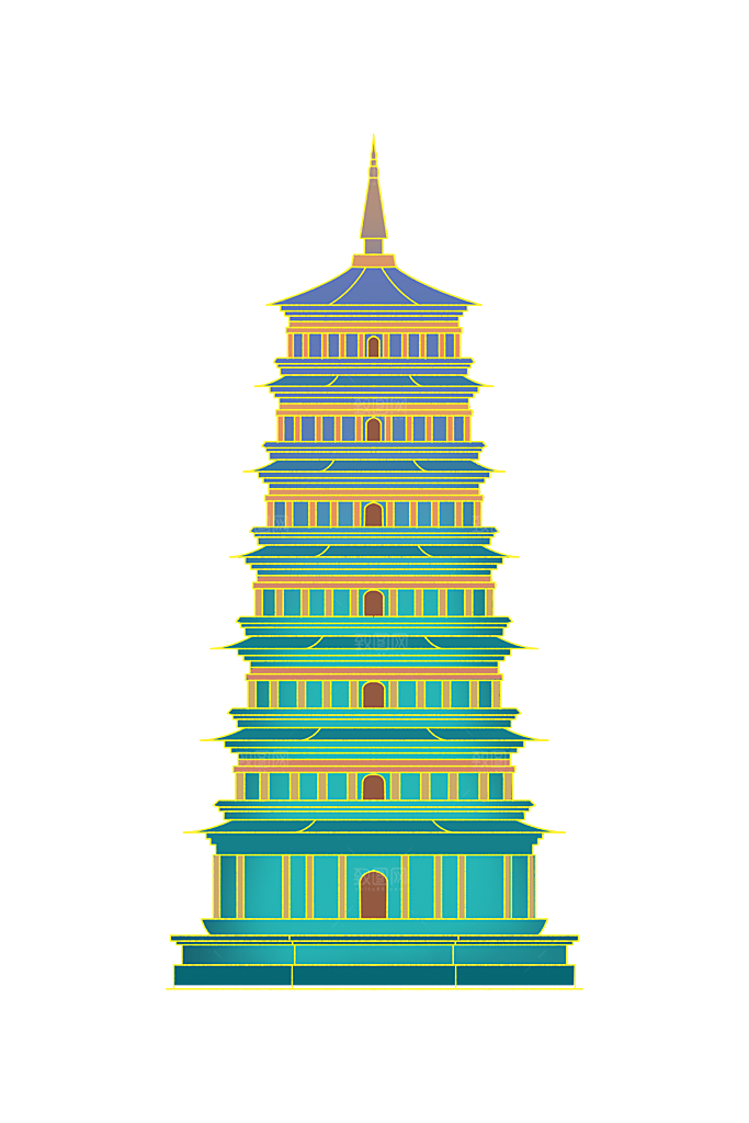 国潮风古建筑古楼古塔鼓楼复古中国风插画