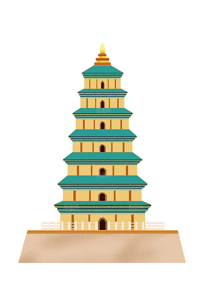国潮风古建筑古楼古塔鼓楼复古中国风插画