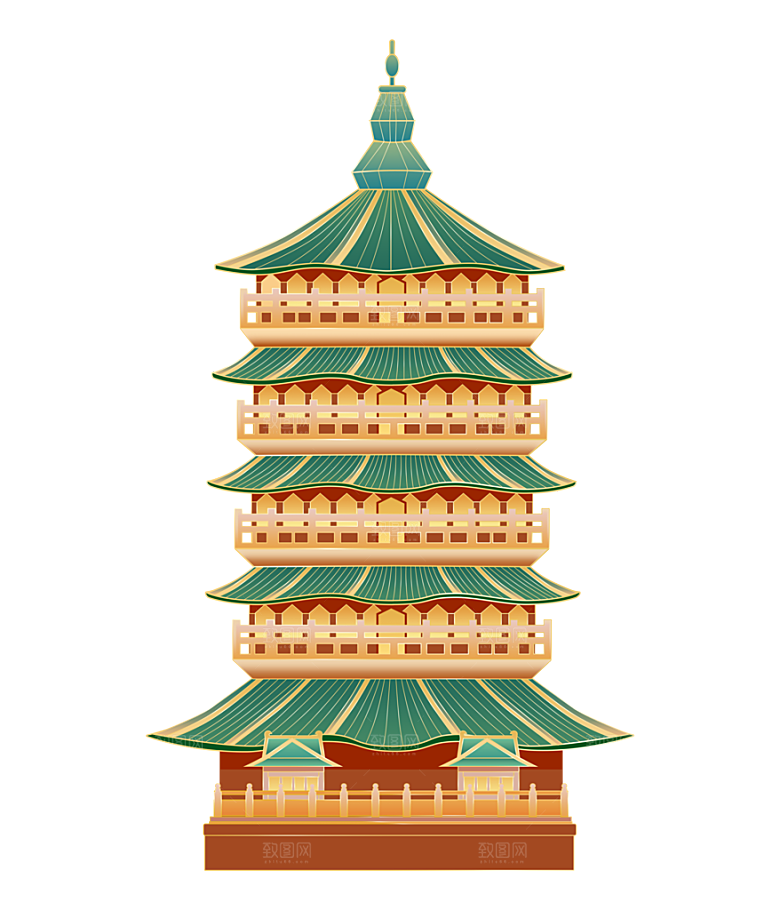 国潮风古建筑古楼古塔鼓楼复古中国风插画