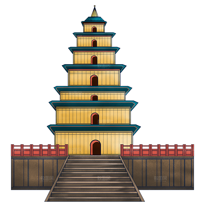 国潮风古建筑古楼古塔鼓楼复古中国风插画