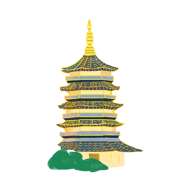 国潮风古建筑古楼古塔鼓楼复古中国风插画