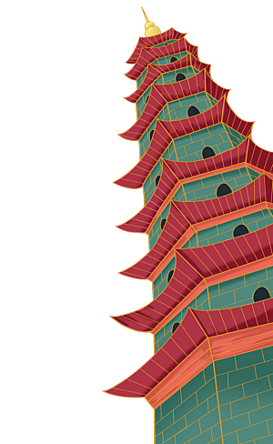 国潮风古建筑古楼古塔鼓楼复古中国风插画