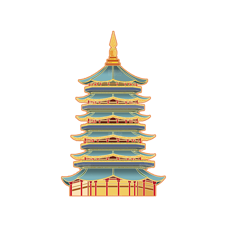 国潮风古建筑古楼古塔鼓楼复古中国风插画