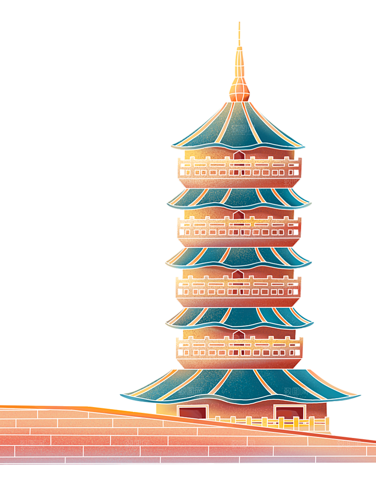 国潮风古建筑古楼古塔鼓楼复古中国风插画