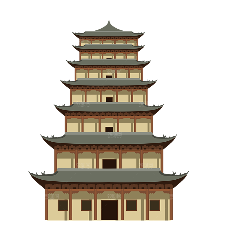 国潮风古建筑古楼古塔鼓楼复古中国风插画
