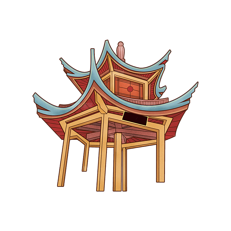 国潮风古建筑古楼古塔鼓楼复古中国风插画