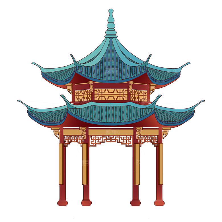 国潮风古建筑古楼古塔鼓楼复古中国风插画