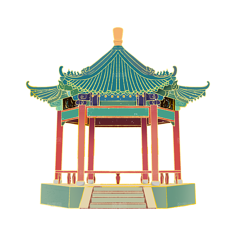 国潮风古建筑古楼古塔鼓楼复古中国风插画