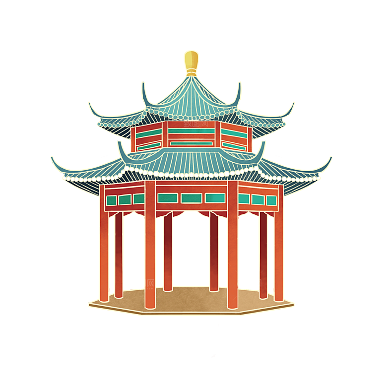 国潮风古建筑古楼古塔鼓楼复古中国风插画