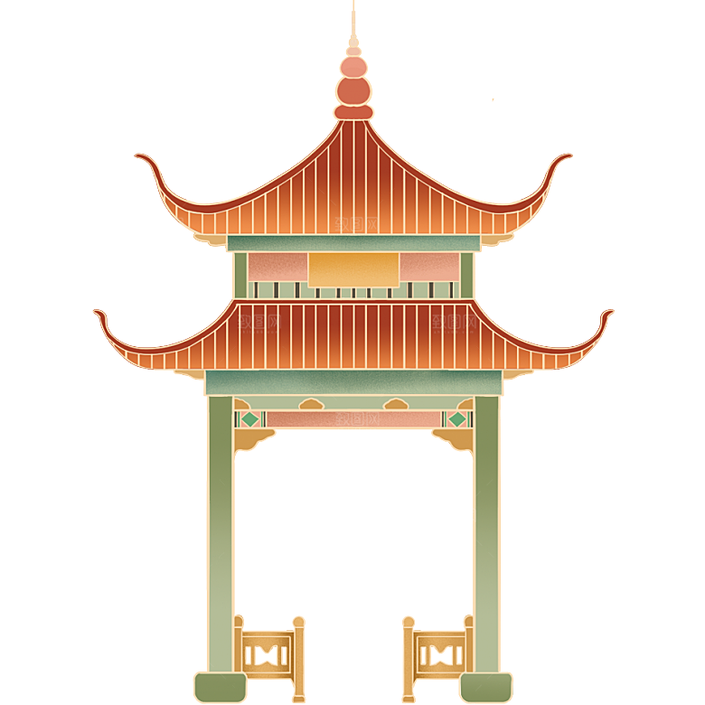 国潮风古建筑古楼古塔鼓楼复古中国风插画