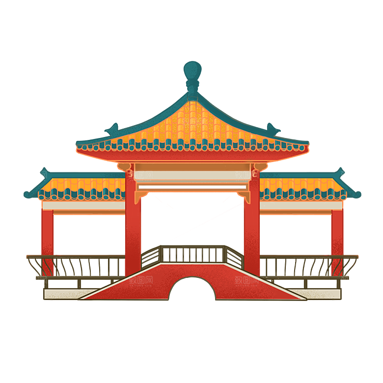 国潮风古建筑古楼古塔鼓楼复古中国风插画