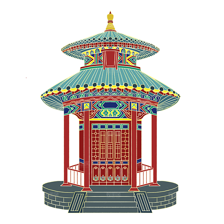 国潮风古建筑古楼古塔鼓楼复古中国风插画