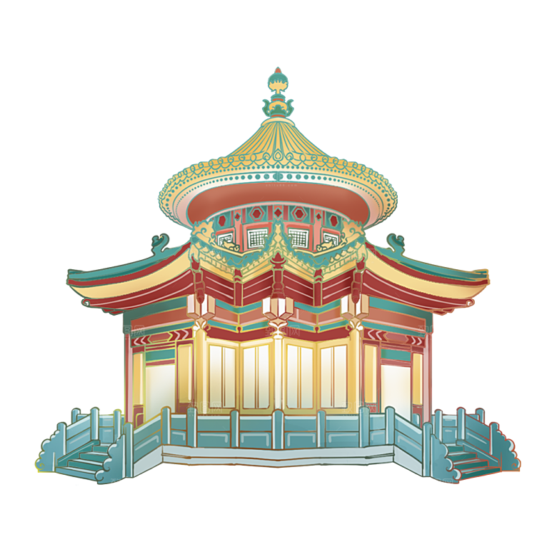 国潮风古建筑古楼古塔鼓楼复古中国风插画