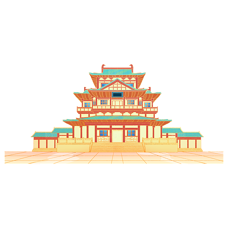国潮风古建筑古楼古塔鼓楼复古中国风插画