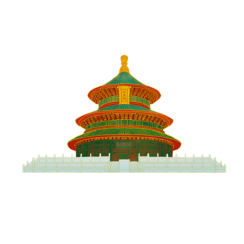 国潮风古建筑古楼古塔鼓楼复古中国风插画