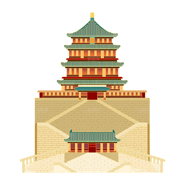 国潮风古建筑古楼古塔鼓楼复古中国风插画